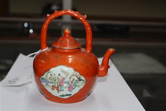 A Chinese coral ground famille rose teapot, late 19th century, H. 13cm